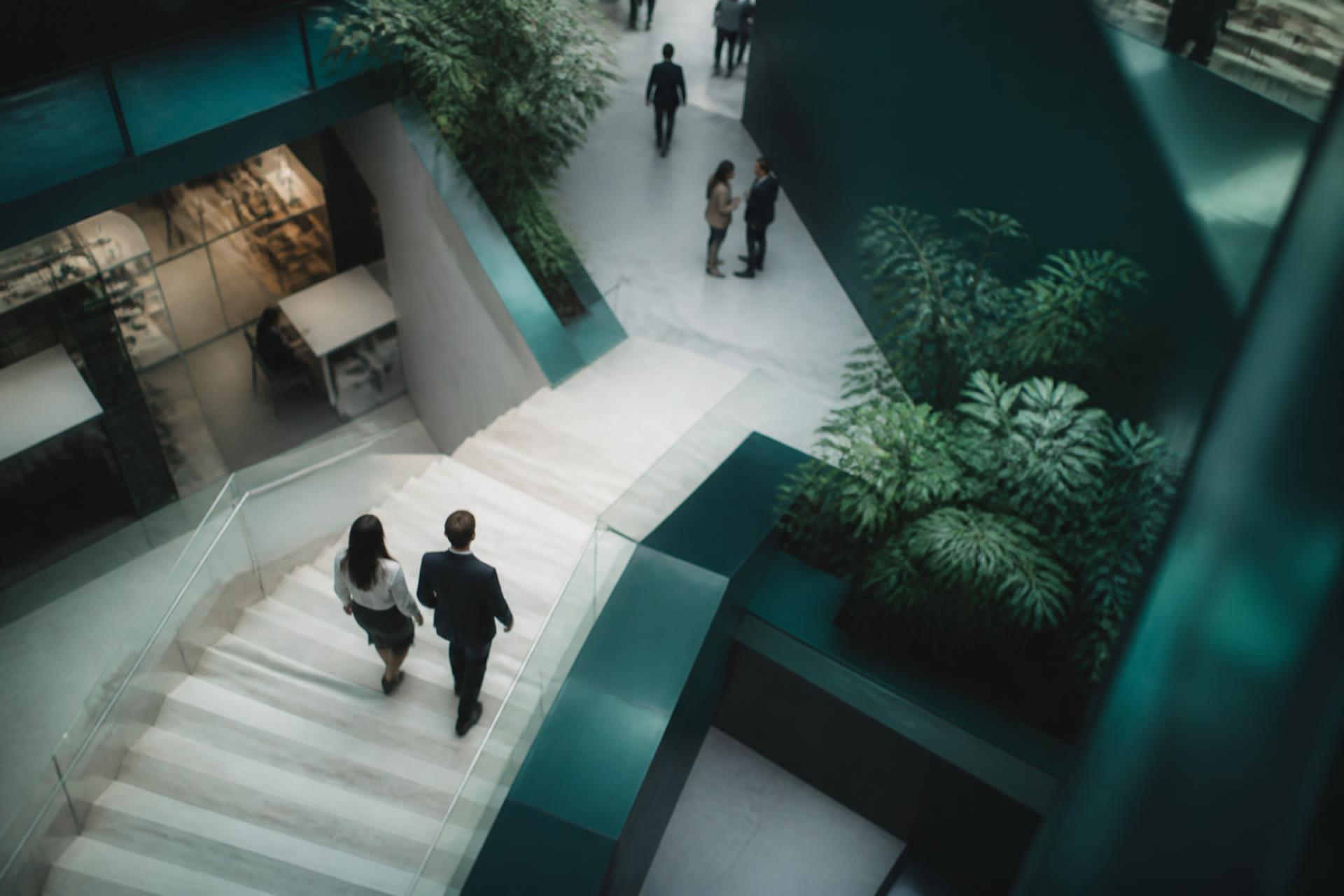 Mitarbeitende im Atrium eines modernen Bürogebäudes